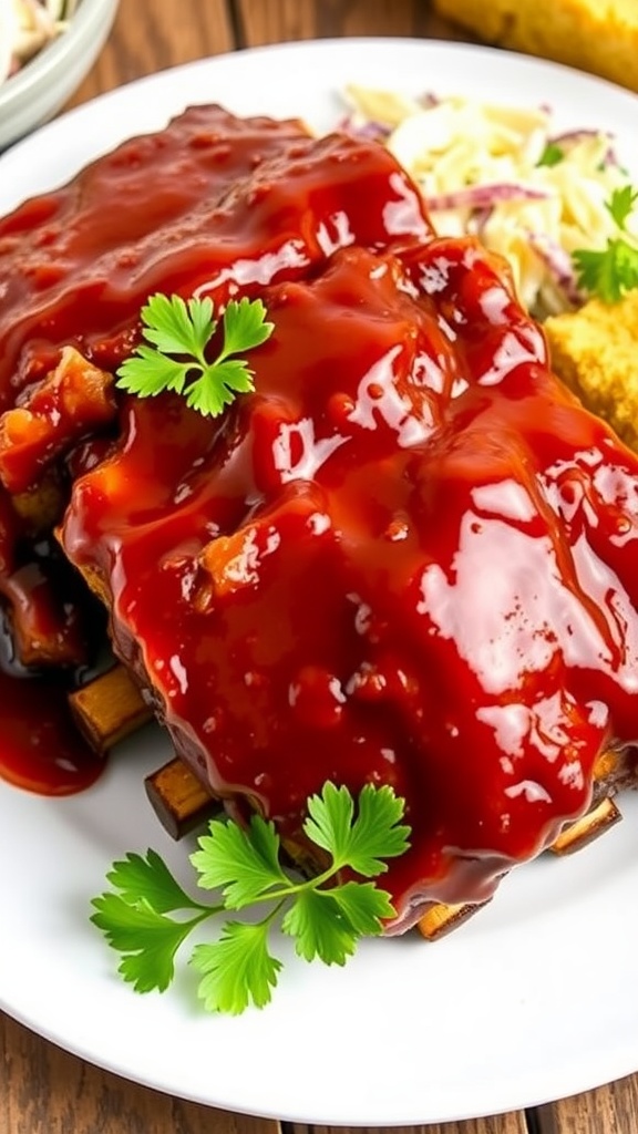 Delicious barbecue ribs glazed with sauce, served with coleslaw and cornbread on a rustic wooden table.